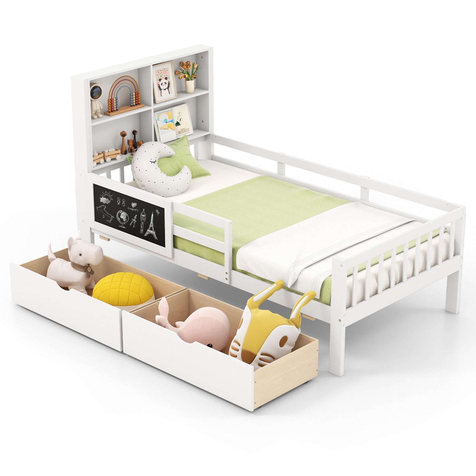 Twin/Full Size Bed Frame with 2 Drawers and Bookcase for Boys and Girls