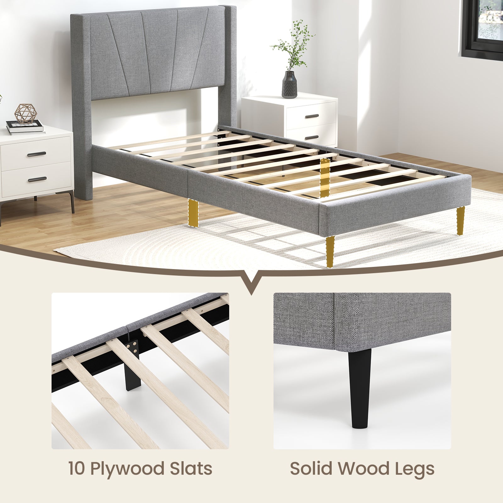Twin/Queen Bed Frame with Linen Upholstered Wingback Headboard
