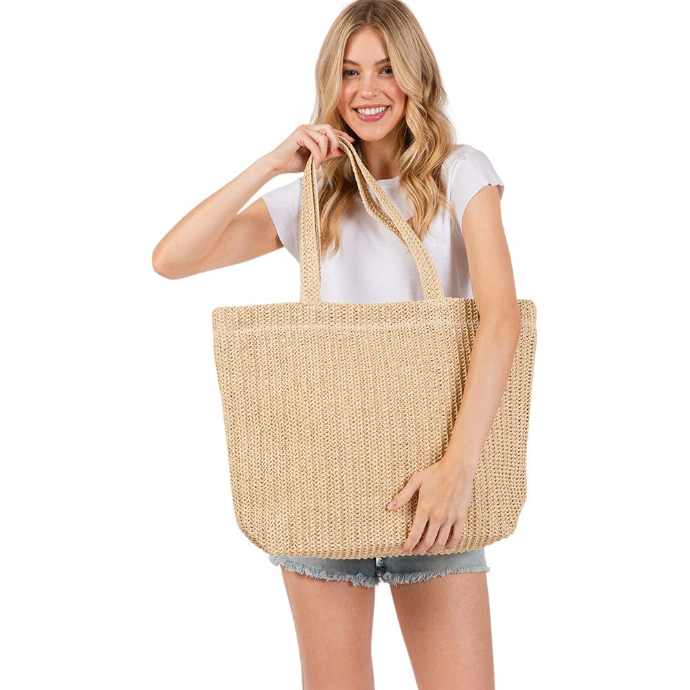 Solid Crochet Straw Tote Bag / Beach Bag