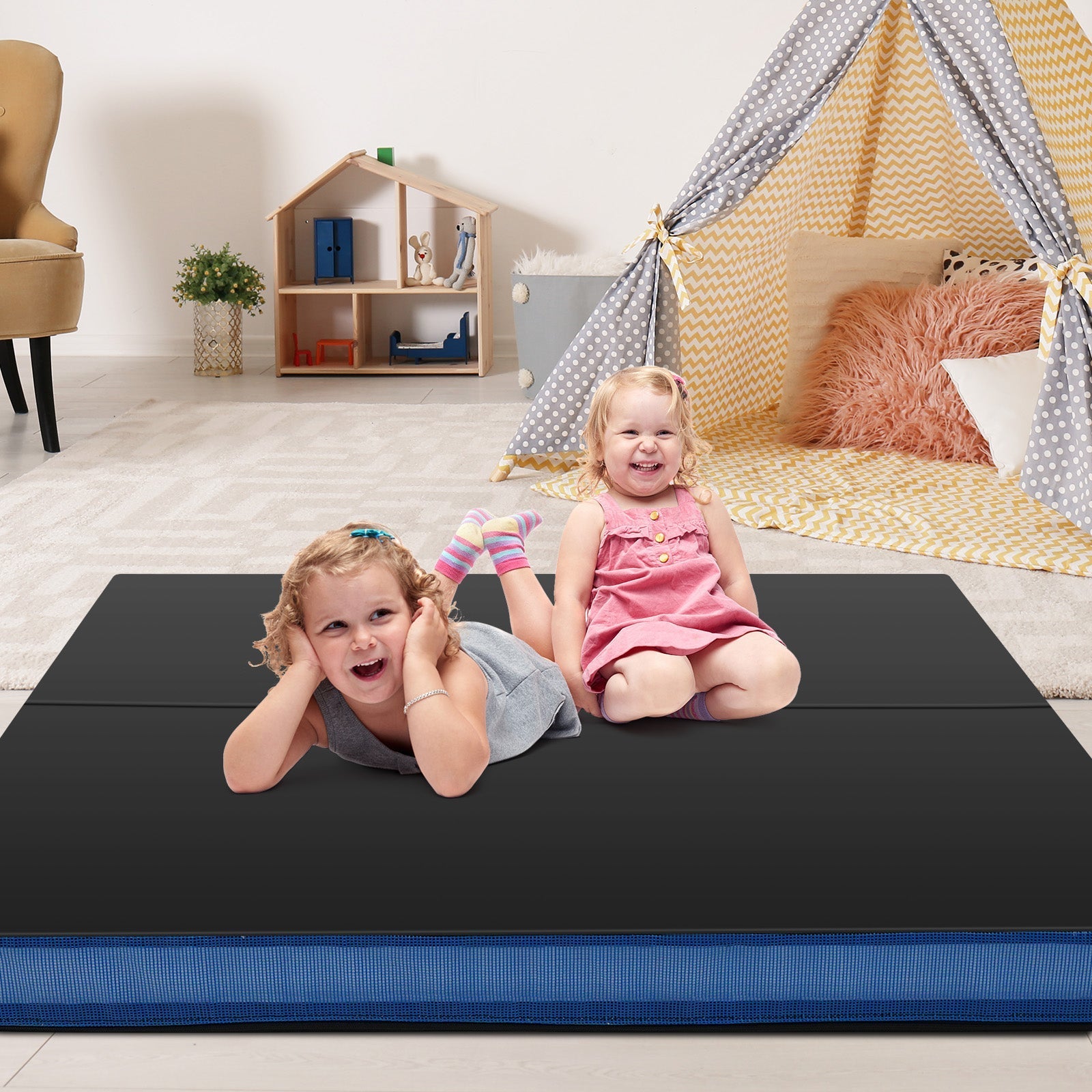 Bi-Fold Gymnastics Mat Thick Folding Exercise Mat with Carrying Handles-Black