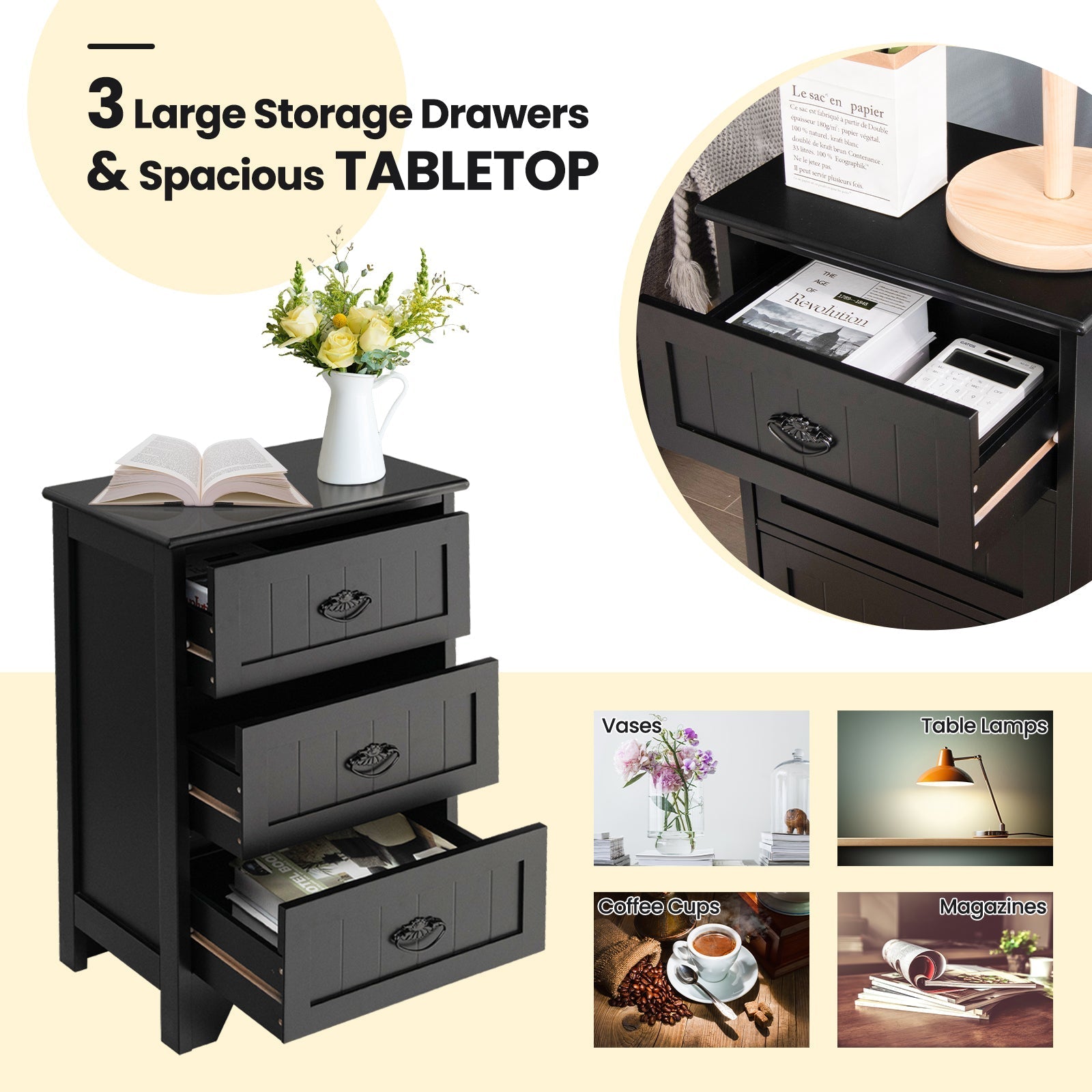 Farmhouse Nightstand with 3 Storage Drawers and Handles