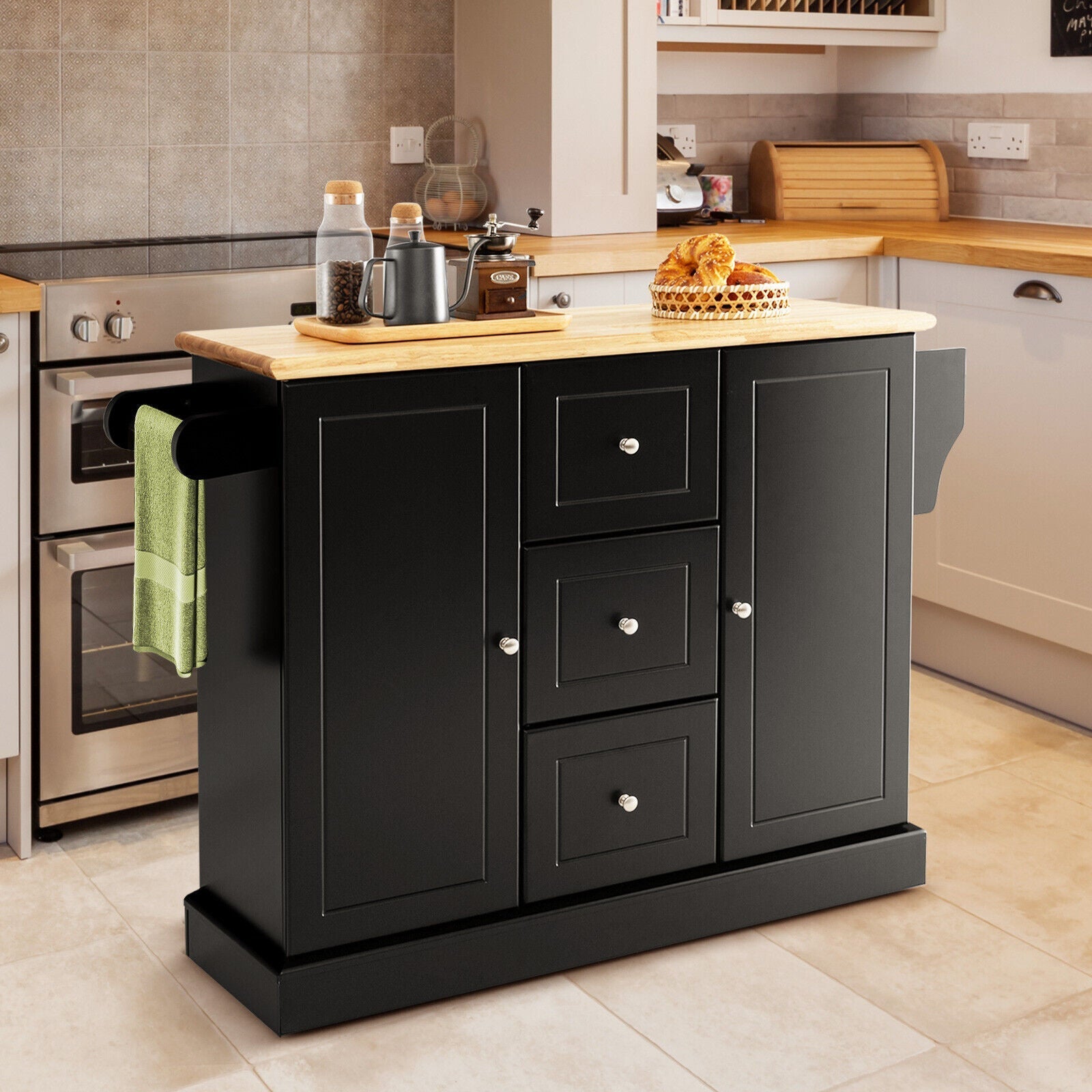 2-Door Large Mobile Kitchen Island Cart with Hidden Wheelsand 3 Drawers
