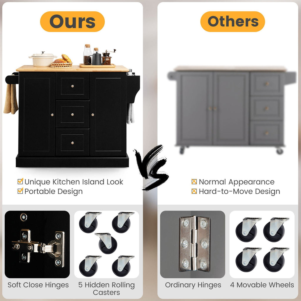 2-Door Large Mobile Kitchen Island Cart with Hidden Wheelsand 3 Drawers