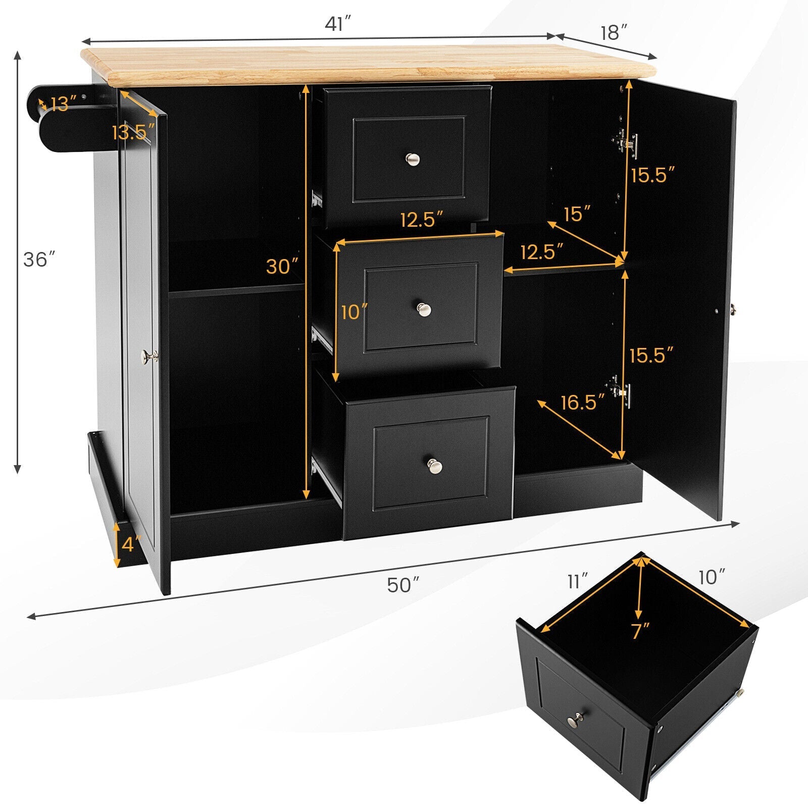 2-Door Large Mobile Kitchen Island Cart with Hidden Wheelsand 3 Drawers
