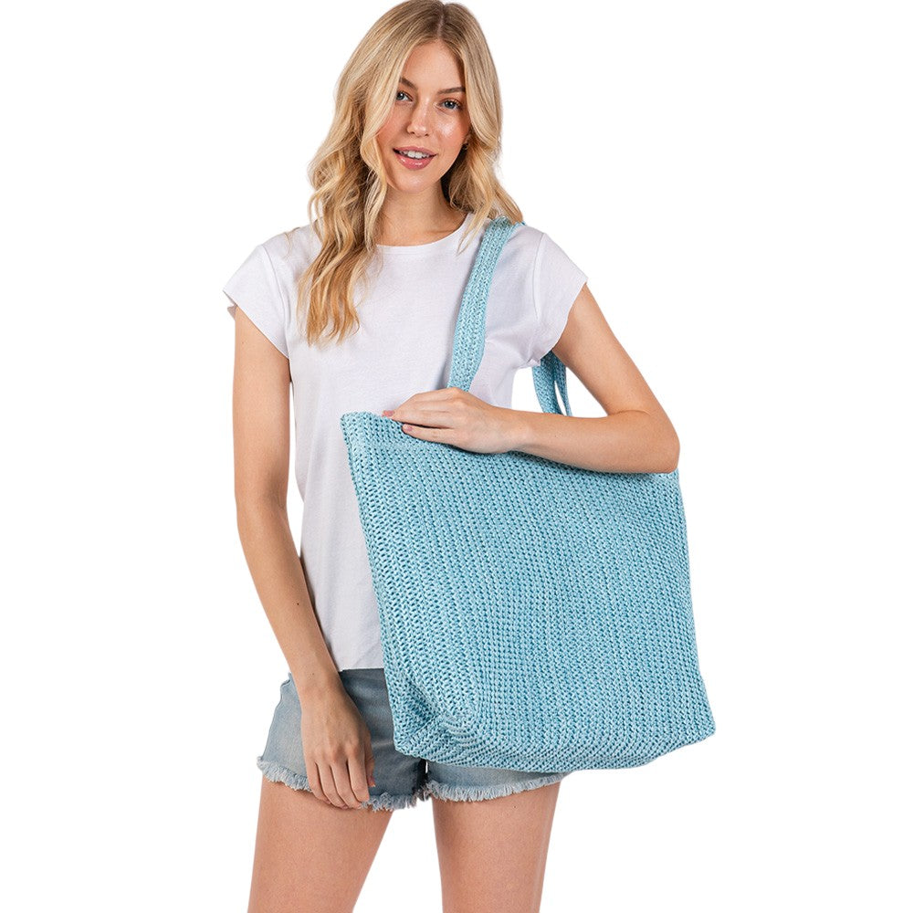 Solid Crochet Straw Tote Bag / Beach Bag
