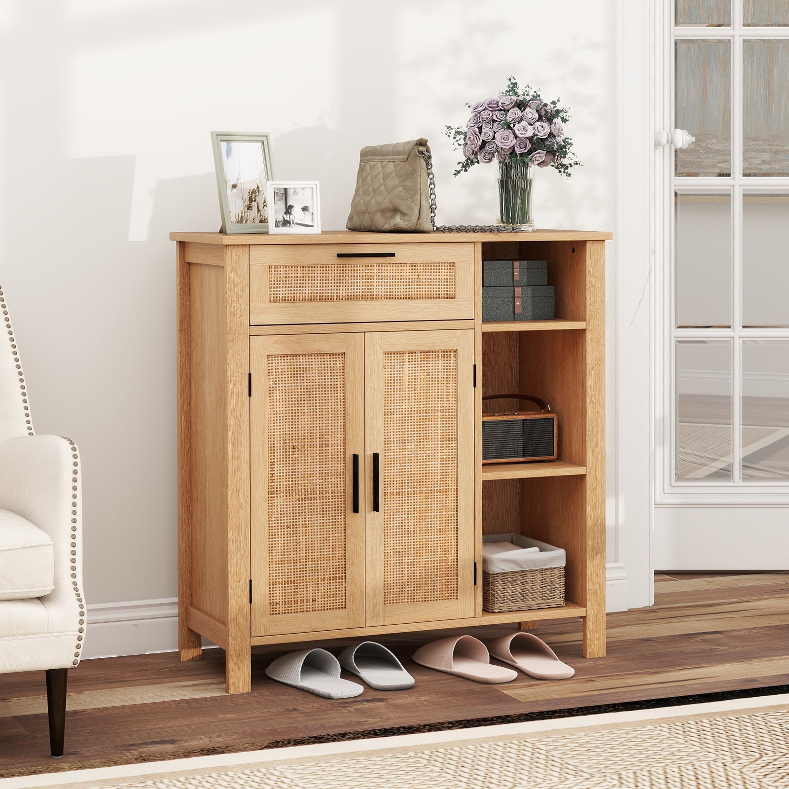 Boho Buffet Sideboard Storage Cabinet with Drawer and Rattan Woven Doors-Natural