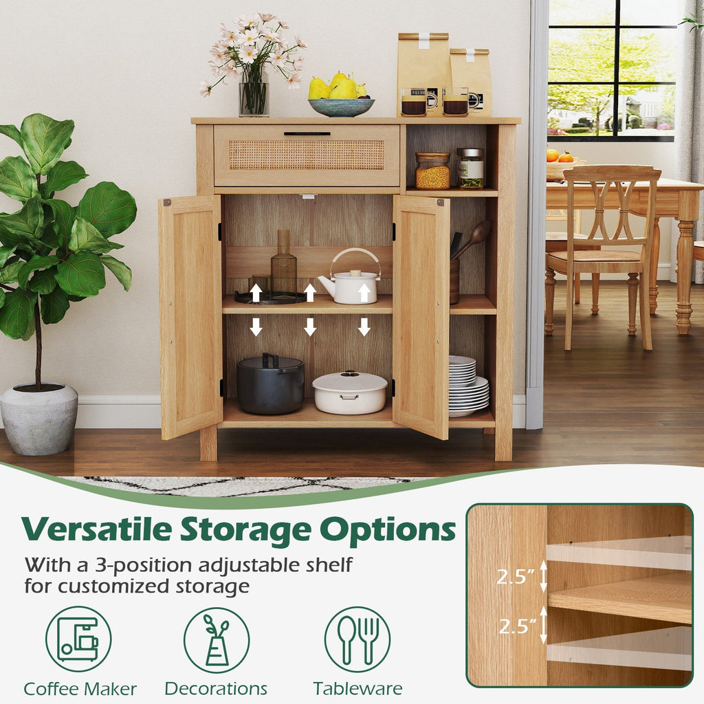 Boho Buffet Sideboard Storage Cabinet with Drawer and Rattan Woven Doors-Natural