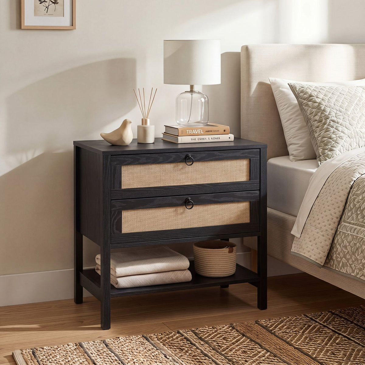 Rattan Nightstand with 2 Drawers and Open Shelf
