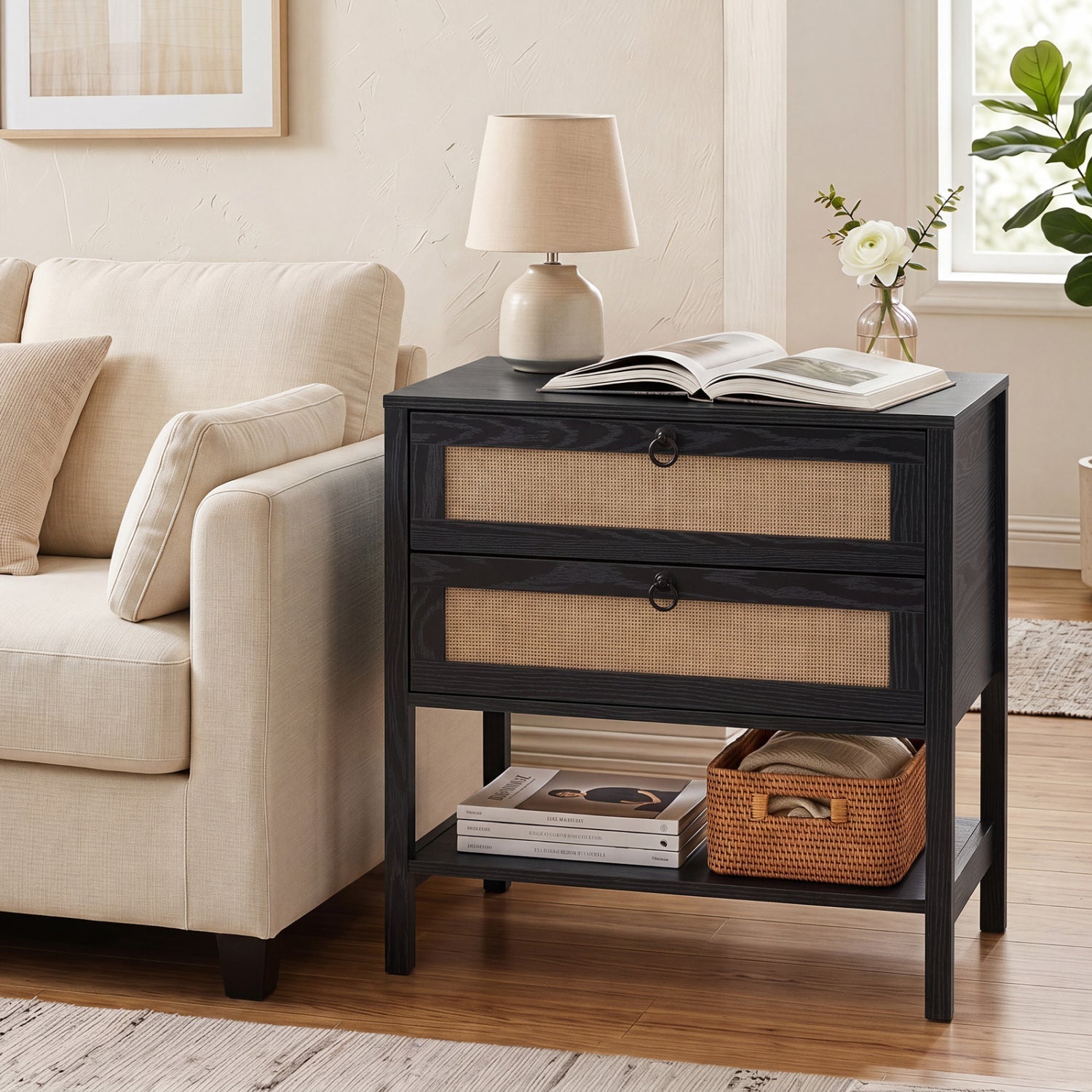 Rattan Nightstand with 2 Drawers and Open Shelf