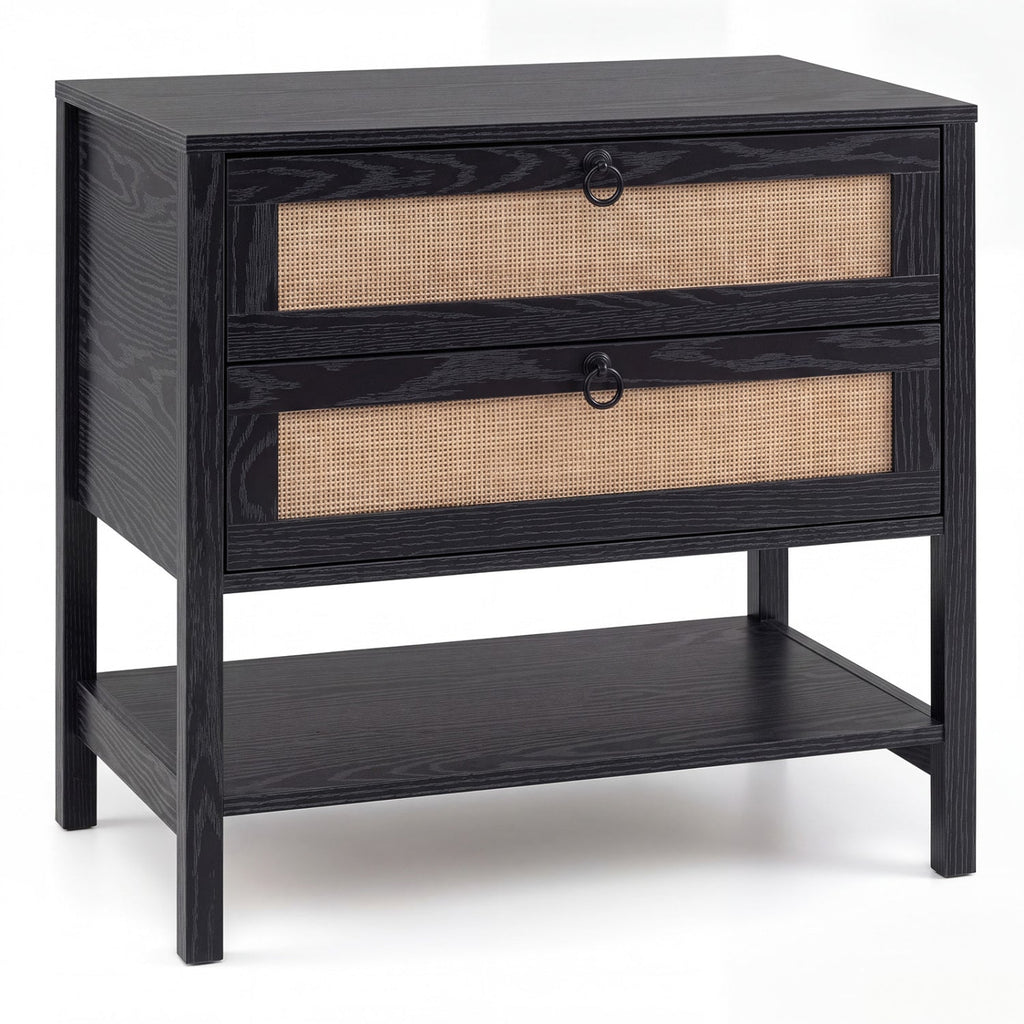 Rattan Nightstand with 2 Drawers and Open Shelf