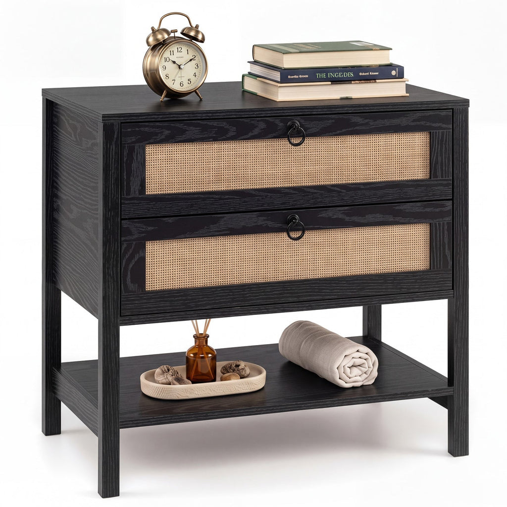 Rattan Nightstand with 2 Drawers and Open Shelf