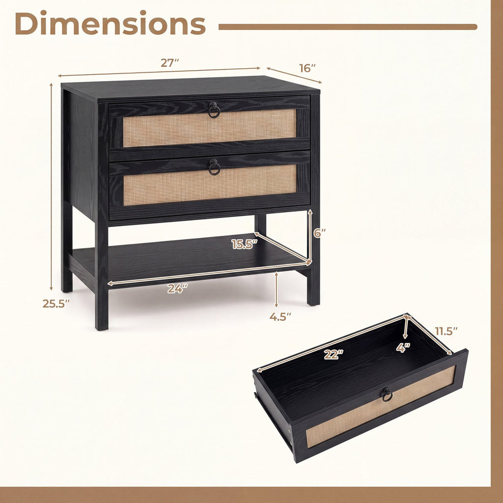 Rattan Nightstand with 2 Drawers and Open Shelf