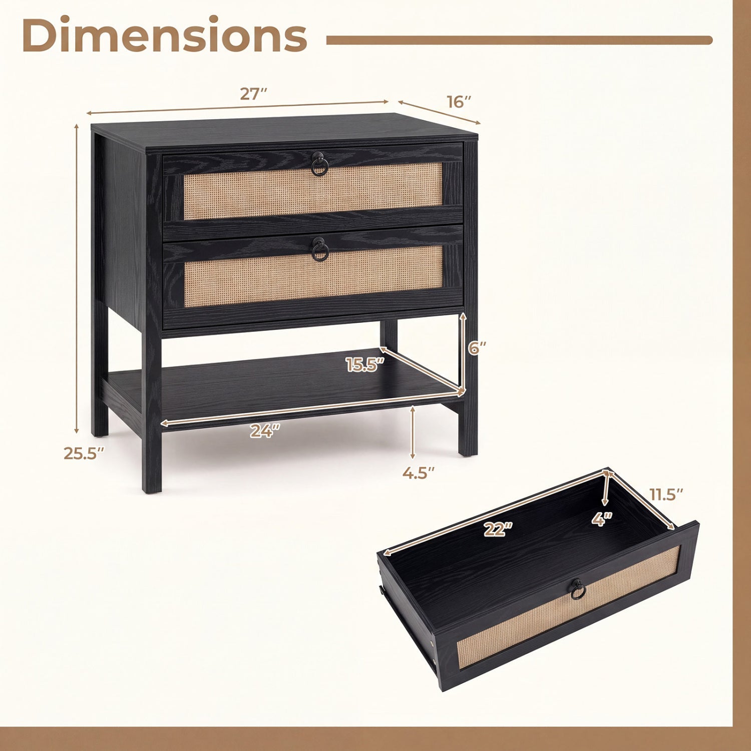 Rattan Nightstand with 2 Drawers and Open Shelf