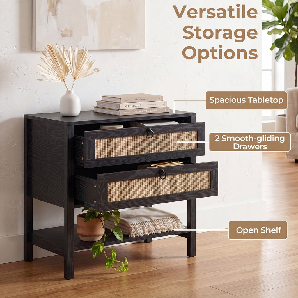 Rattan Nightstand with 2 Drawers and Open Shelf