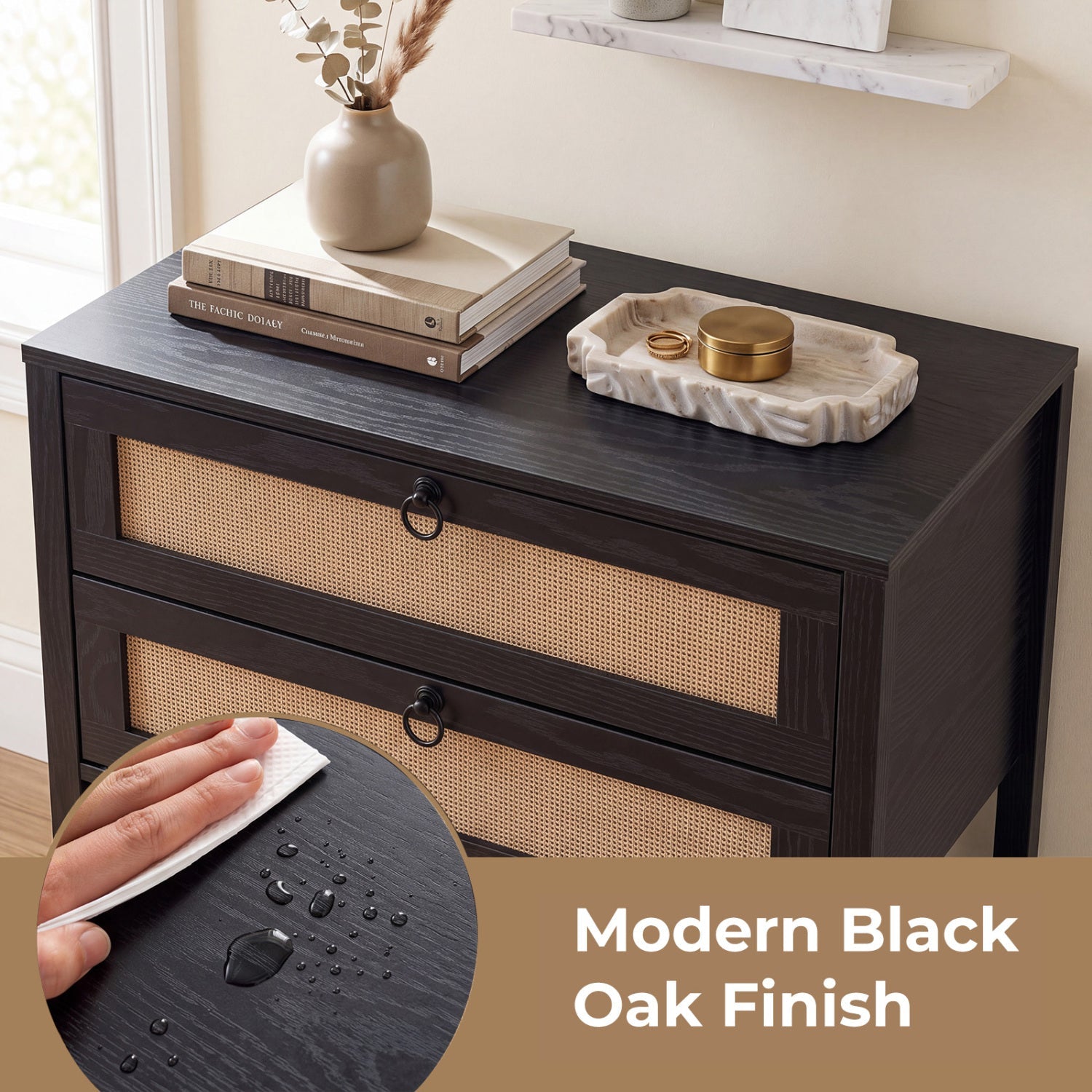 Rattan Nightstand with 2 Drawers and Open Shelf