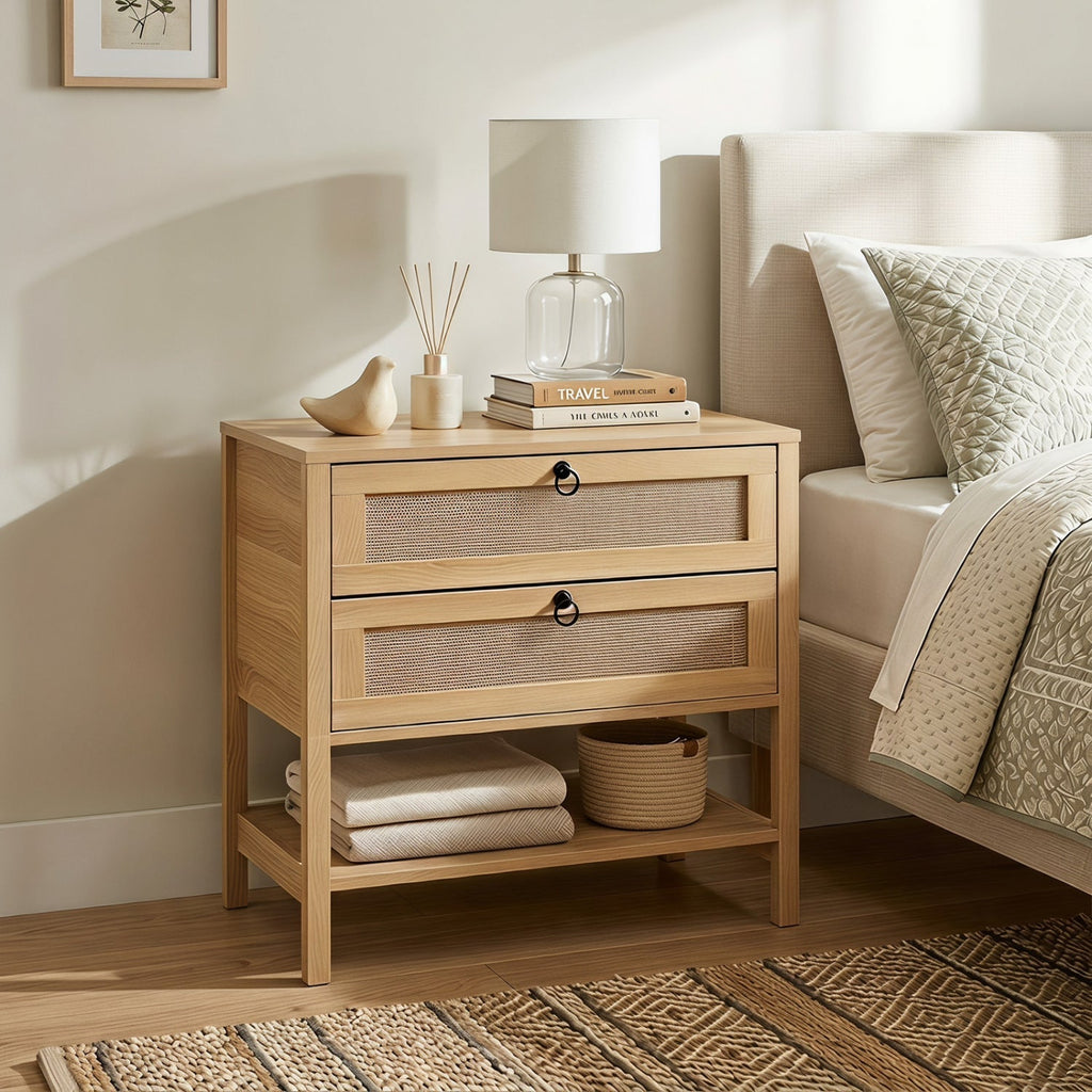 Rattan Nightstand with 2 Drawers and Open Shelf