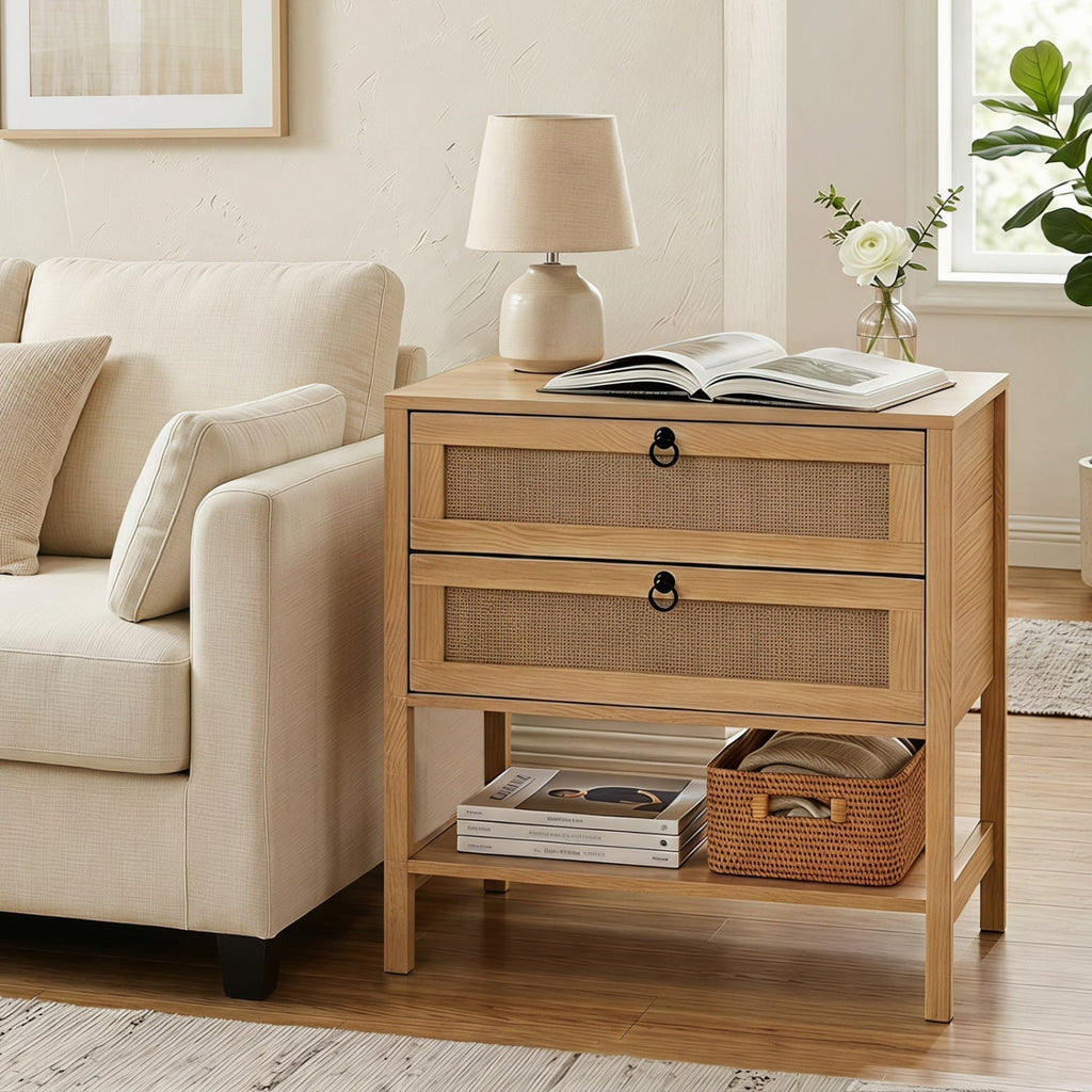 Rattan Nightstand with 2 Drawers and Open Shelf