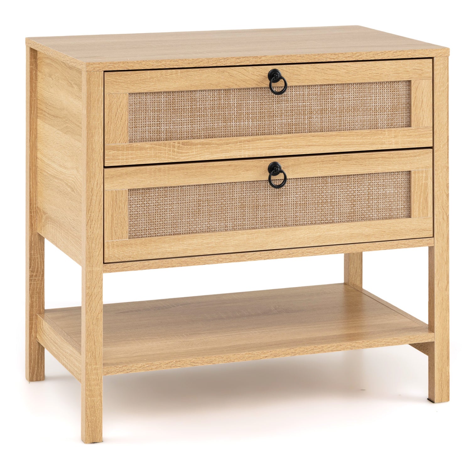 Rattan Nightstand with 2 Drawers and Open Shelf