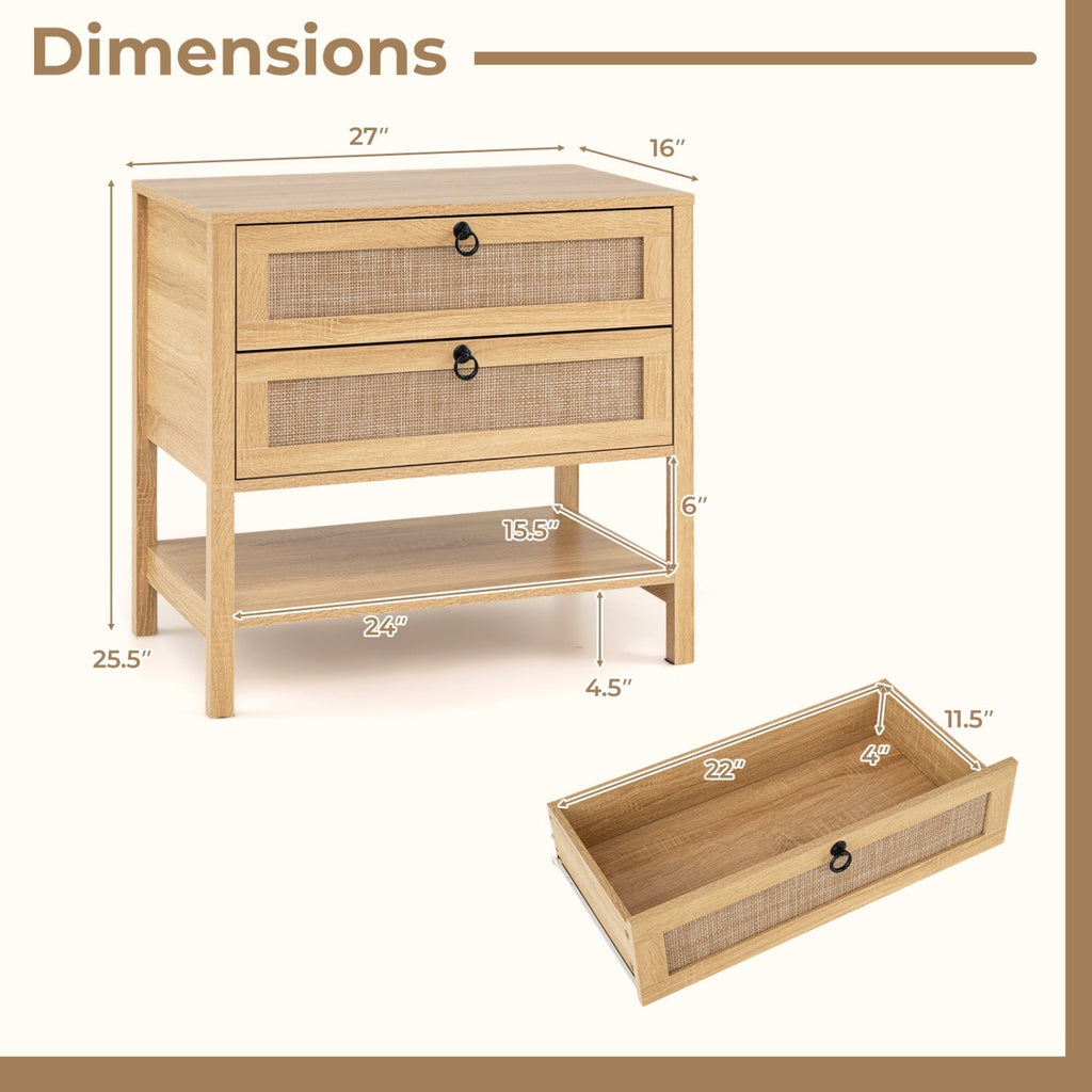 Rattan Nightstand with 2 Drawers and Open Shelf