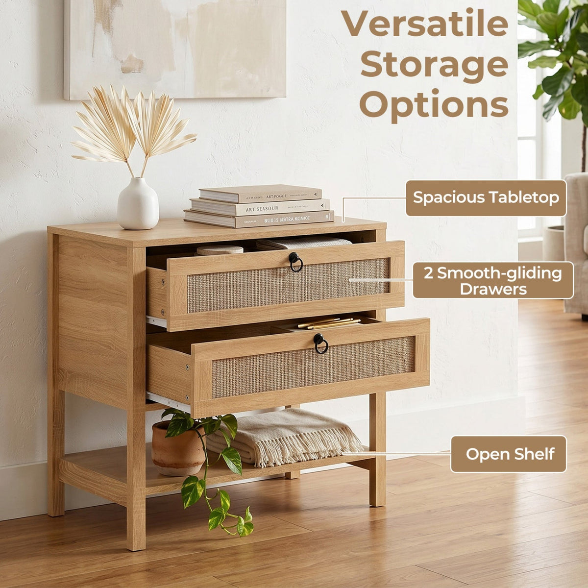 Rattan Nightstand with 2 Drawers and Open Shelf
