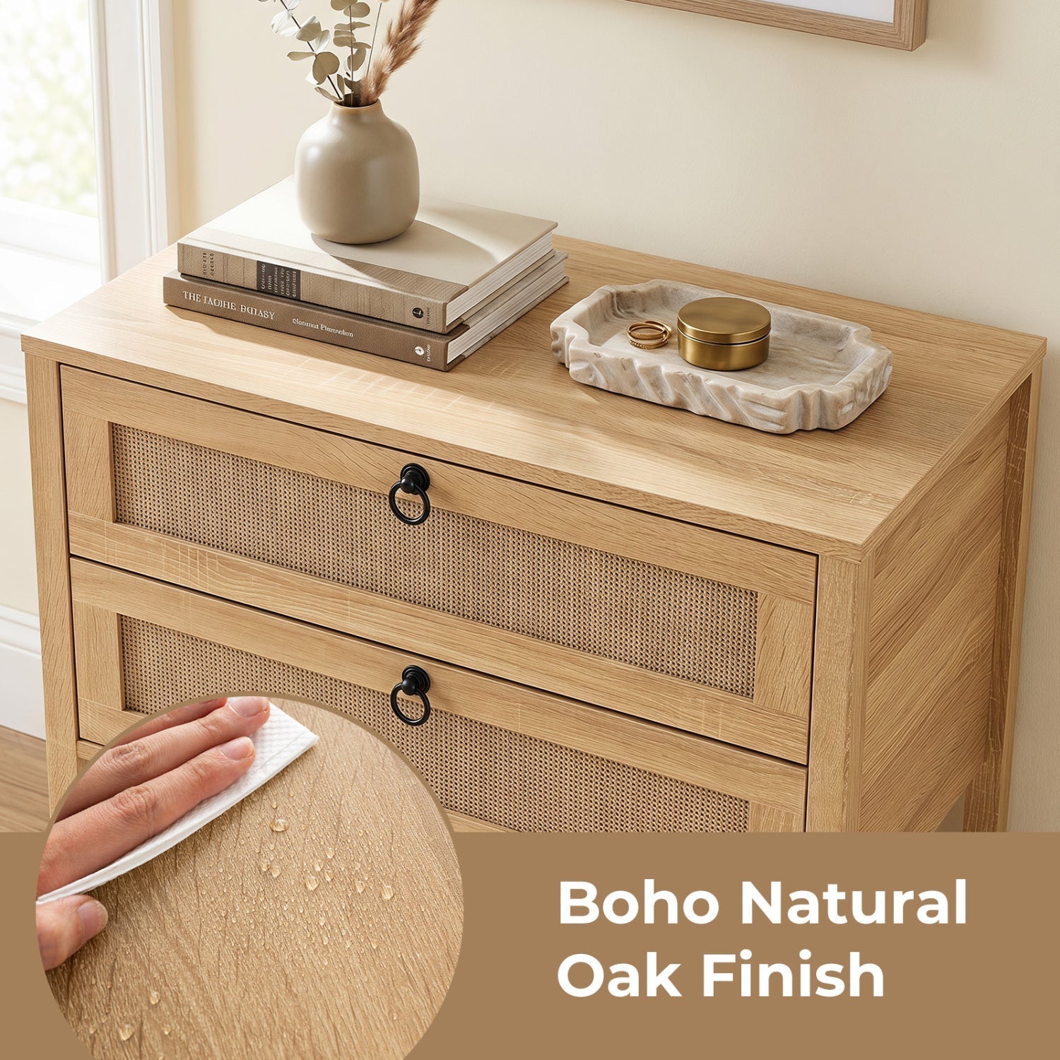 Rattan Nightstand with 2 Drawers and Open Shelf