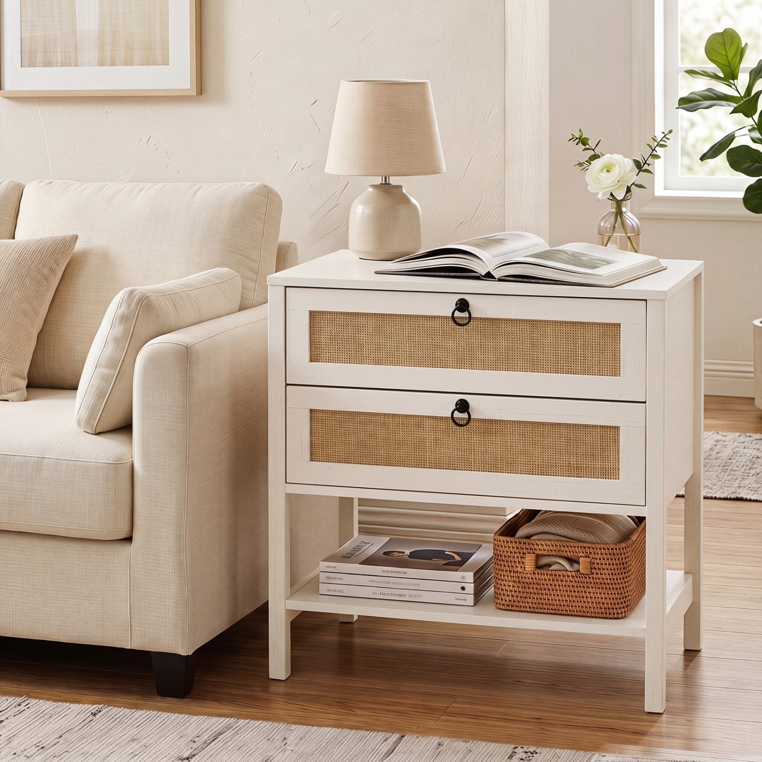 Rattan Nightstand with 2 Drawers and Open Shelf