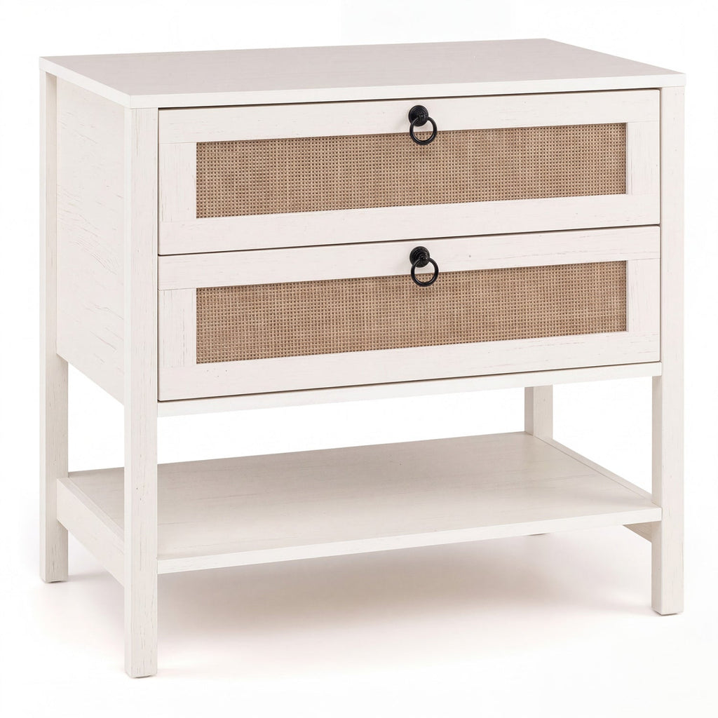 Rattan Nightstand with 2 Drawers and Open Shelf