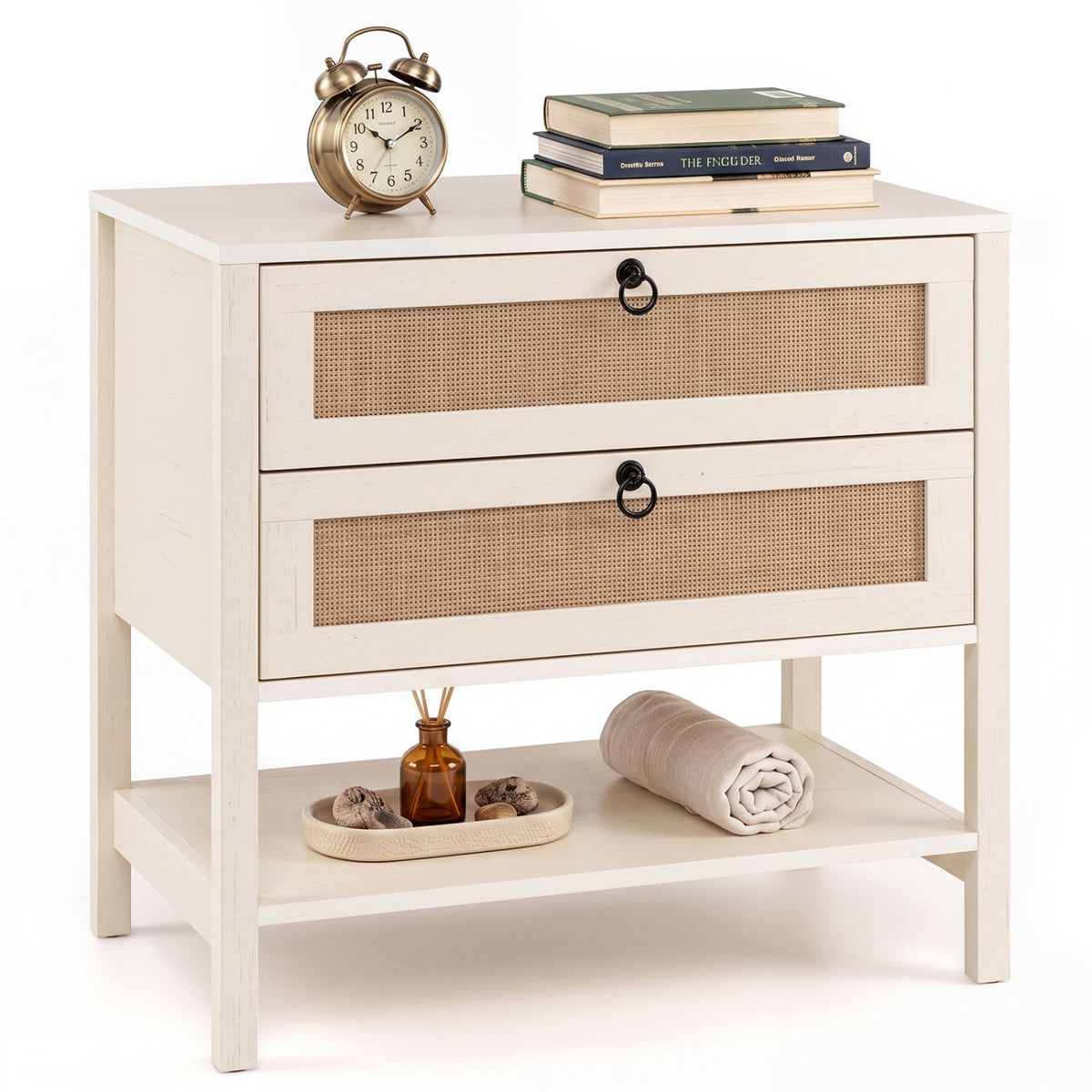 Rattan Nightstand with 2 Drawers and Open Shelf