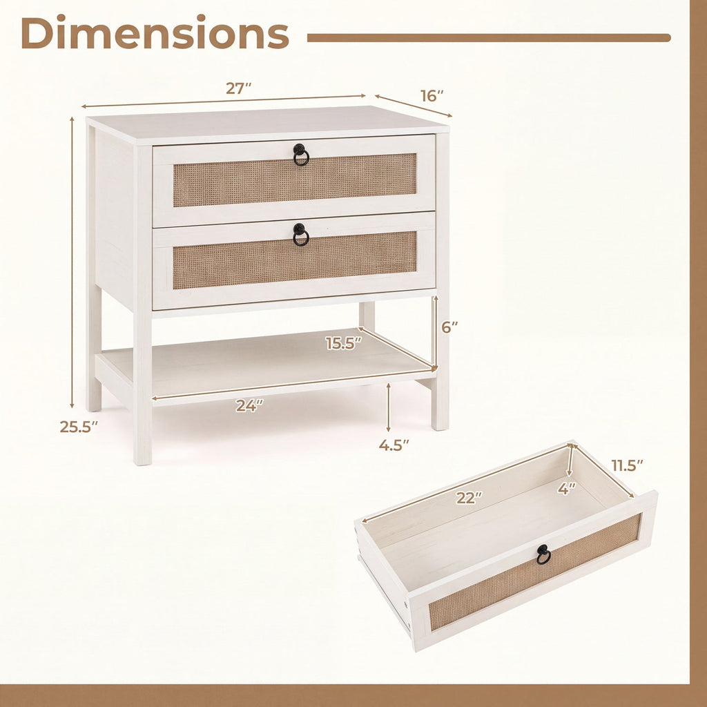 Rattan Nightstand with 2 Drawers and Open Shelf