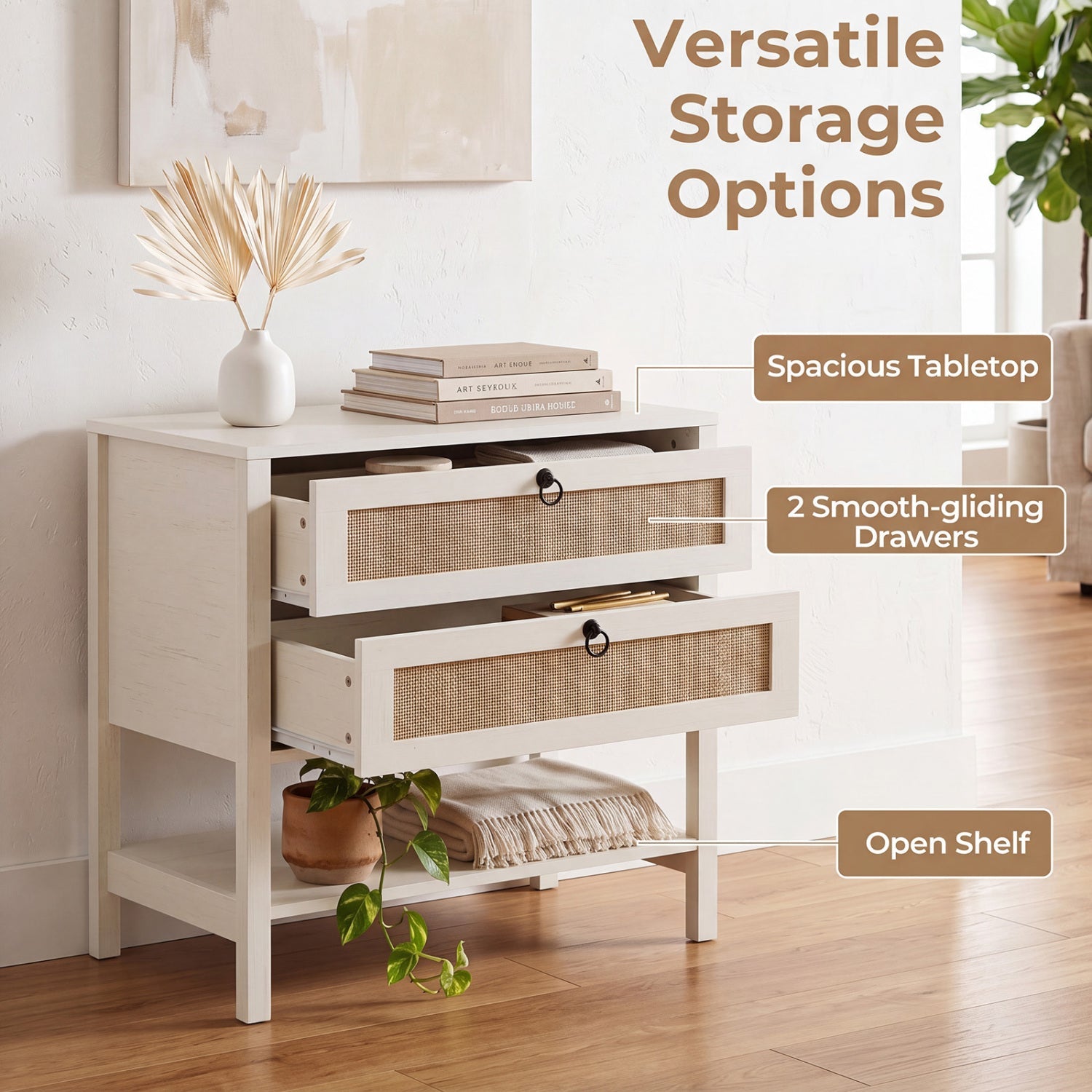 Rattan Nightstand with 2 Drawers and Open Shelf