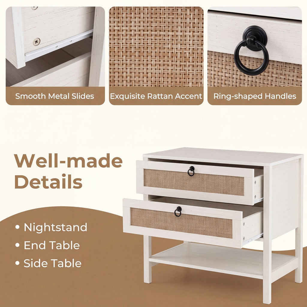 Rattan Nightstand with 2 Drawers and Open Shelf