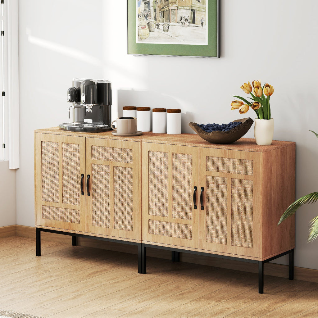 Boho Storage Cabinet with Asymmetrical Pattern Doors for Kitchen-Natural