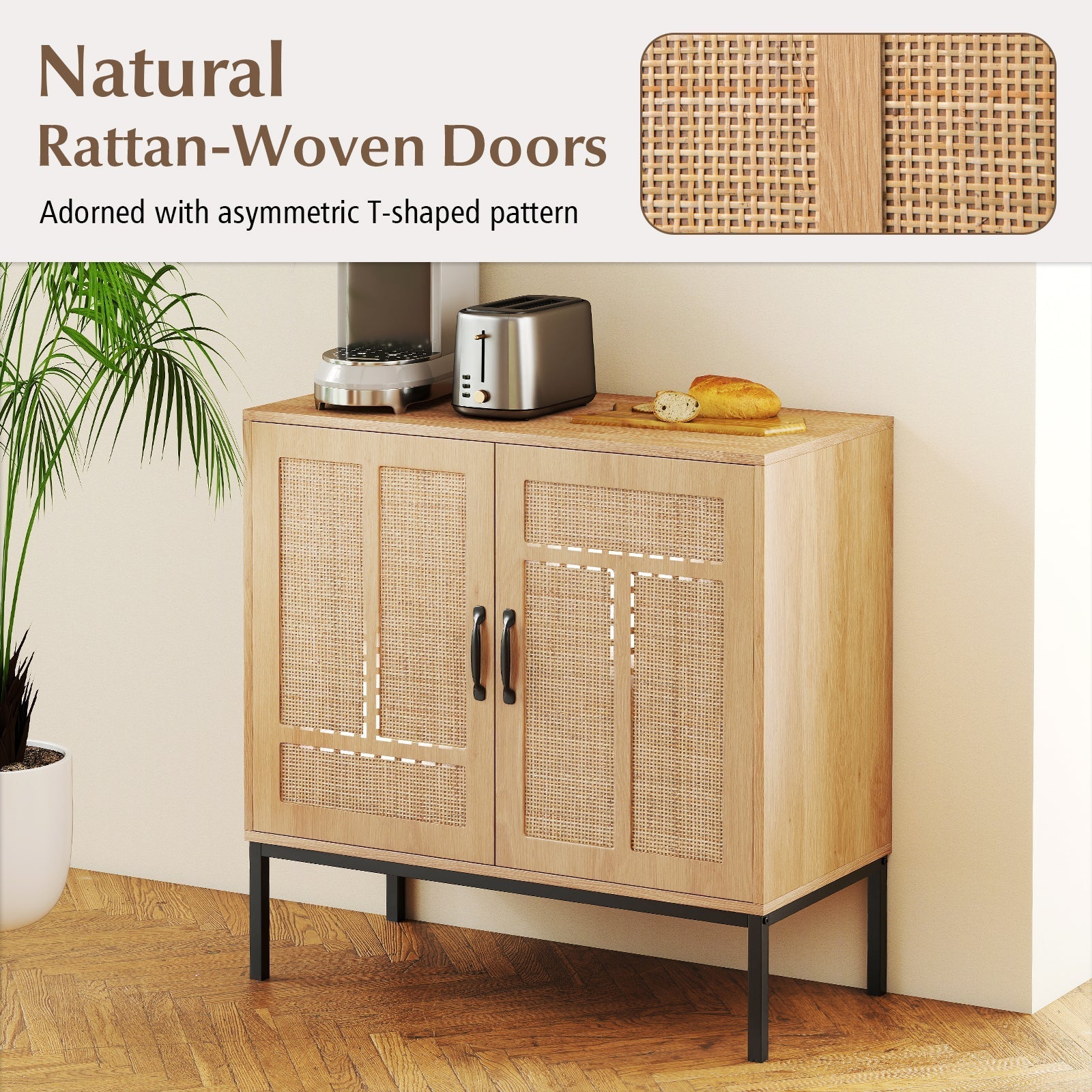 Boho Storage Cabinet with Asymmetrical Pattern Doors for Kitchen-Natural