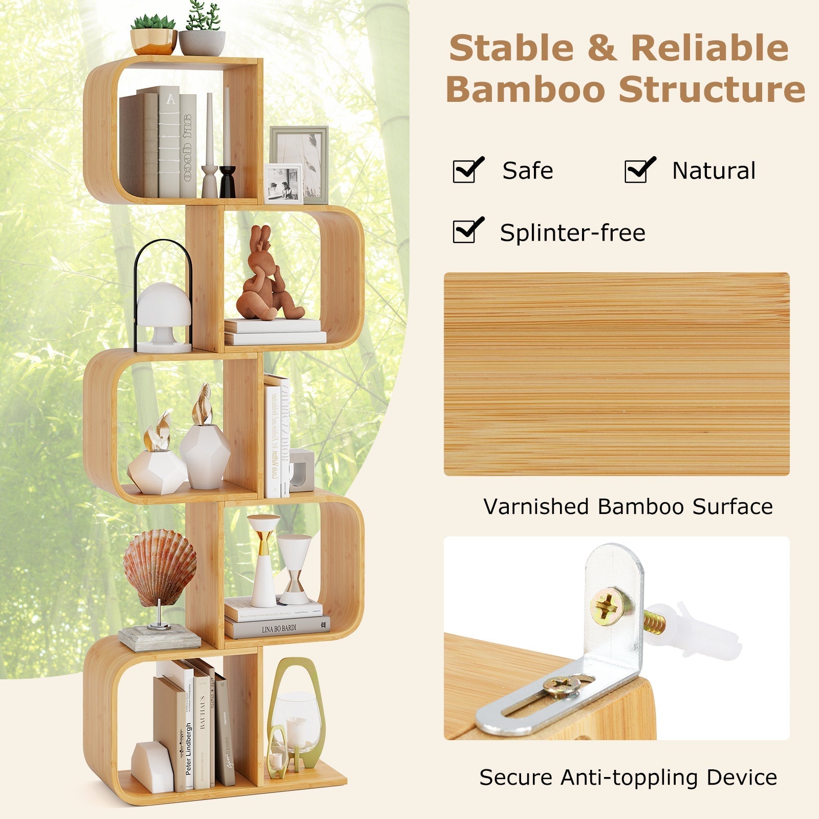 5-Tier S-Shaped Bookcase with 5 Open Cubes for Living Room-Natural