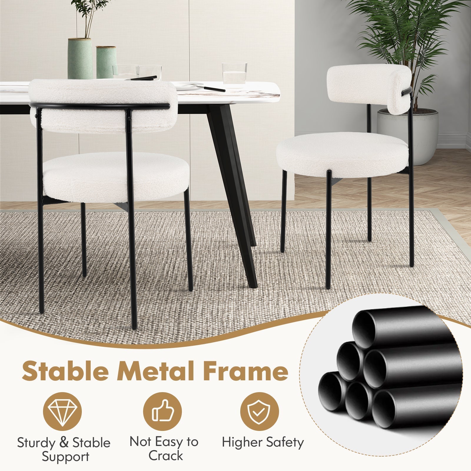 Boucle Dining Chair with Curved Backrest and Metal Legs Set of 4-White