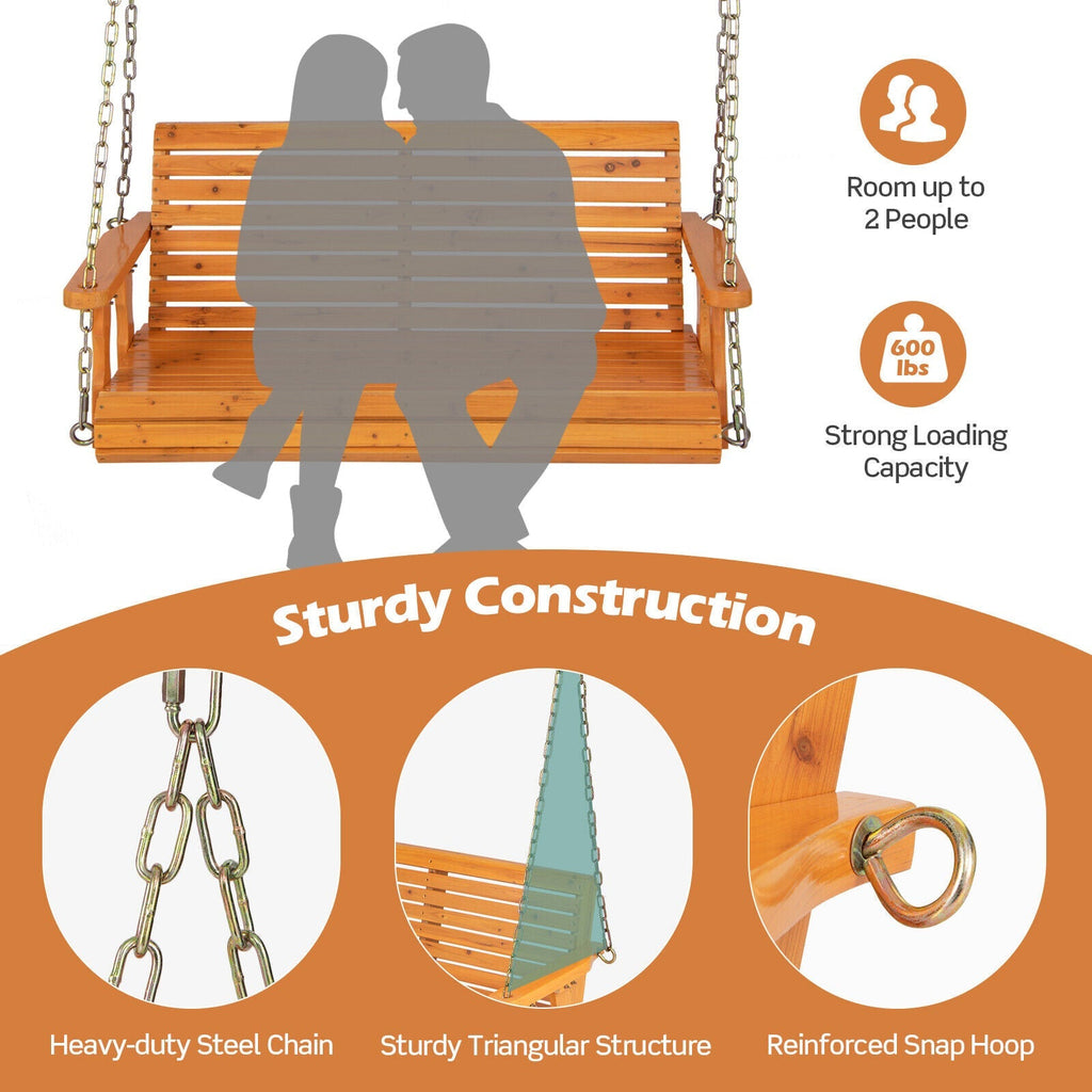 2-Person Wooden Porch Swing with Hanging Chains for Garden Yard