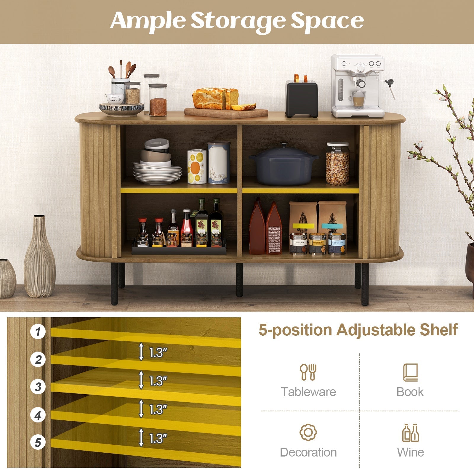 47 Inch Sideboard Buffet Cabinet with Adjustable Shelves for Kitchen Dining Room Living Room Entryway-Oak