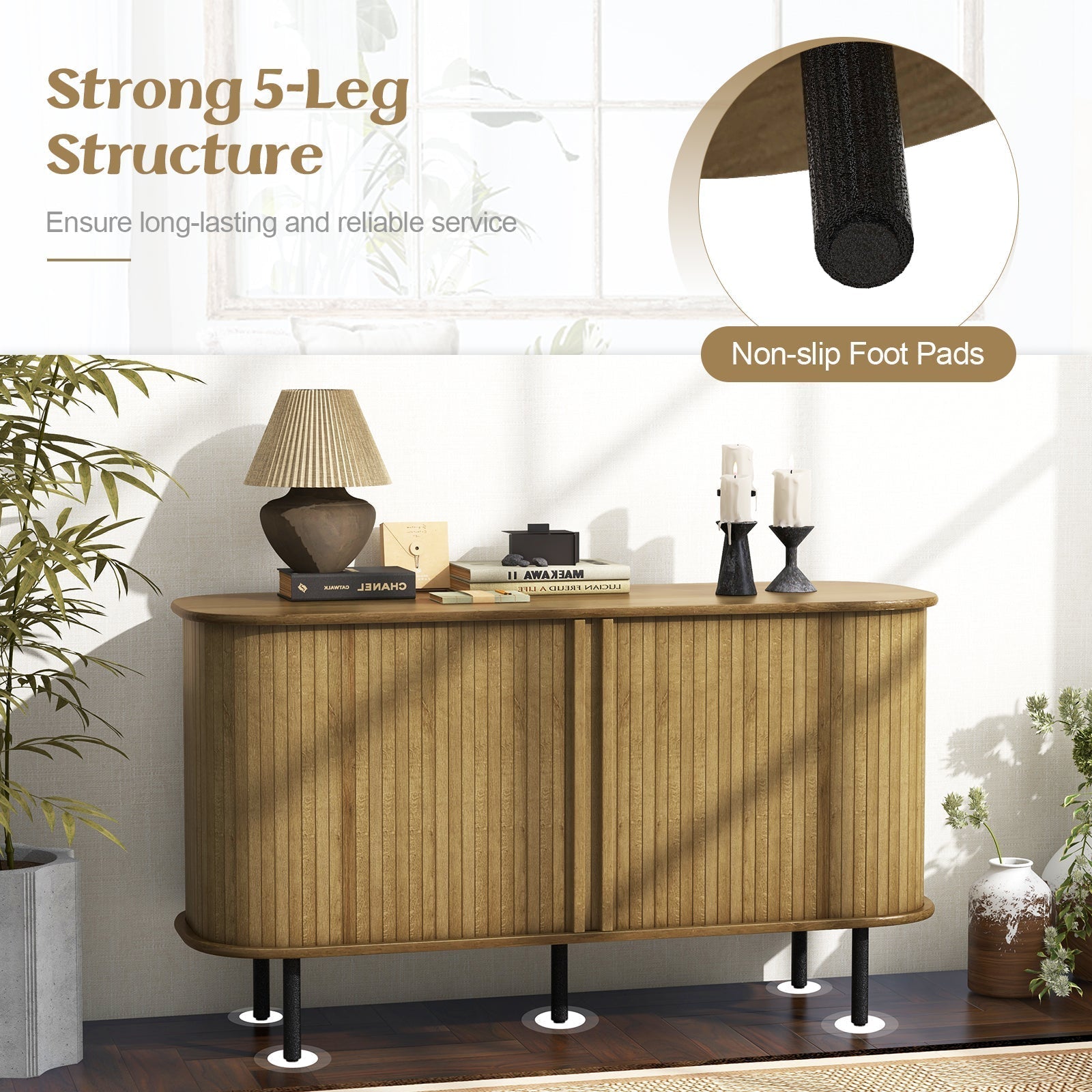 47 Inch Sideboard Buffet Cabinet with Adjustable Shelves for Kitchen Dining Room Living Room Entryway-Oak