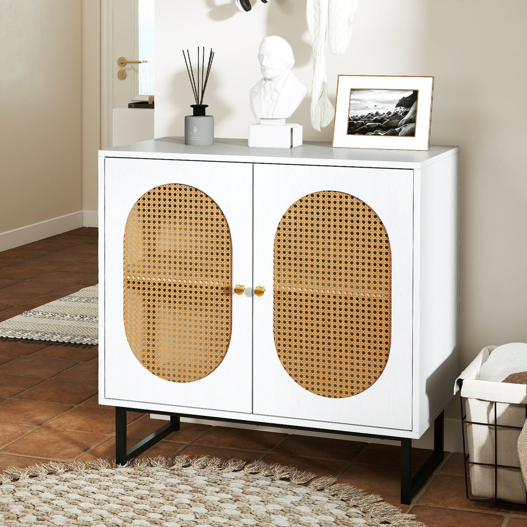 Buffet Cabinet Rattan Storage Cabinet with 2 Doors and Adjustable Shelf