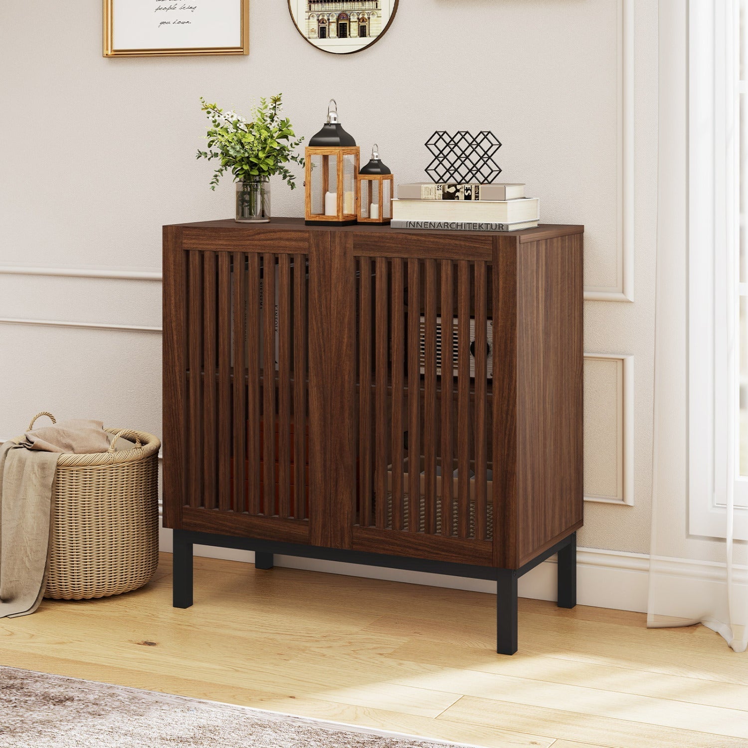 Buffet Cabinet with Storage 32" Wooden Sideboard Coffee Bar Station-Walnut