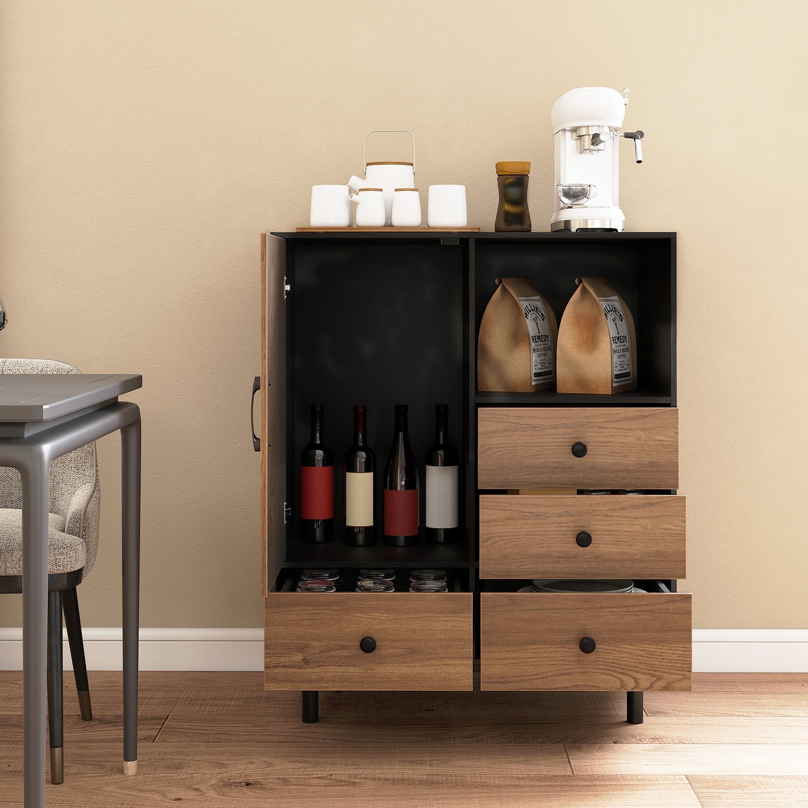 Buffet Sideboard Mid Century Modern Storage Cabinet with 4 Drawers and Open Compartment