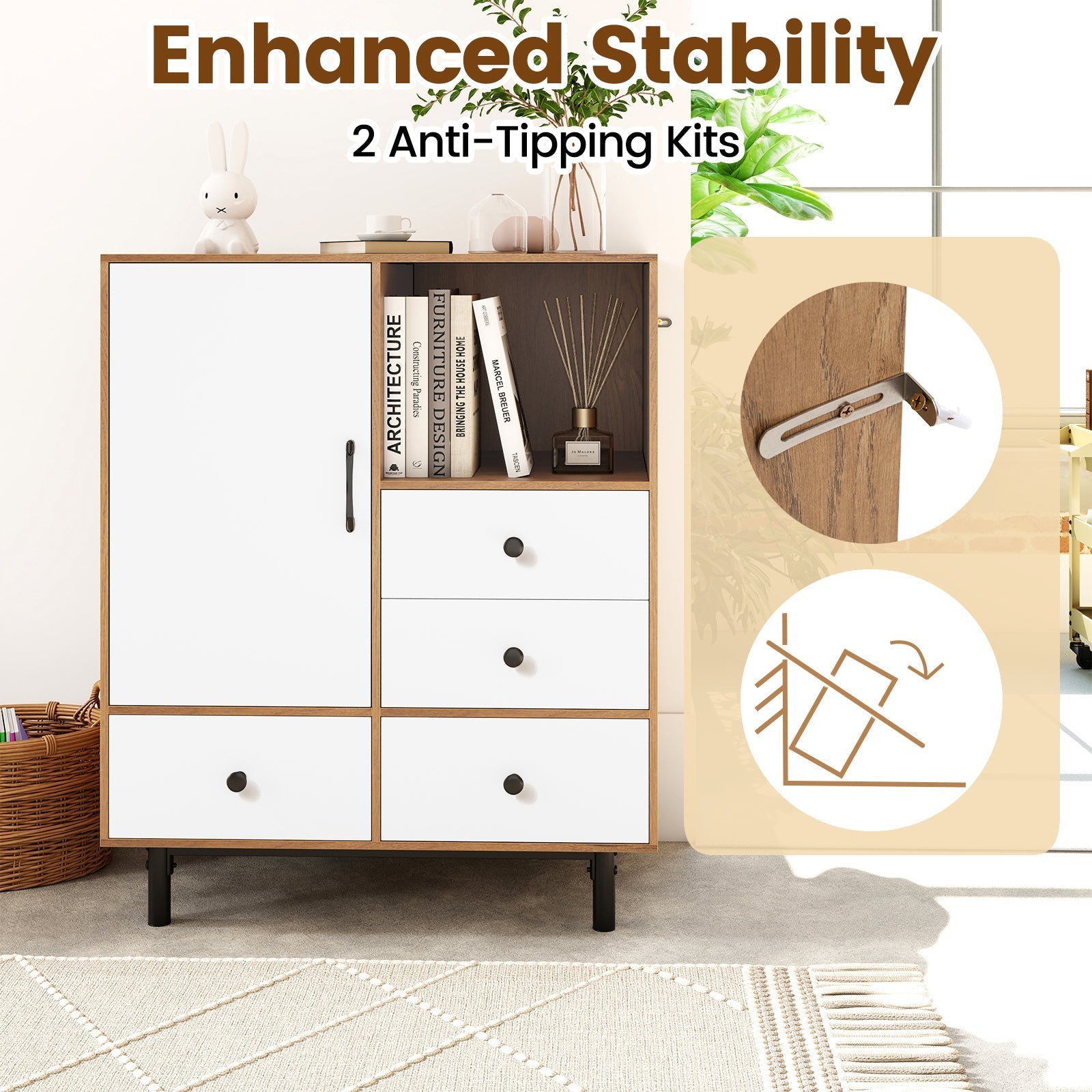 Buffet Sideboard Mid Century Modern Storage Cabinet with 4 Drawers and Open Compartment