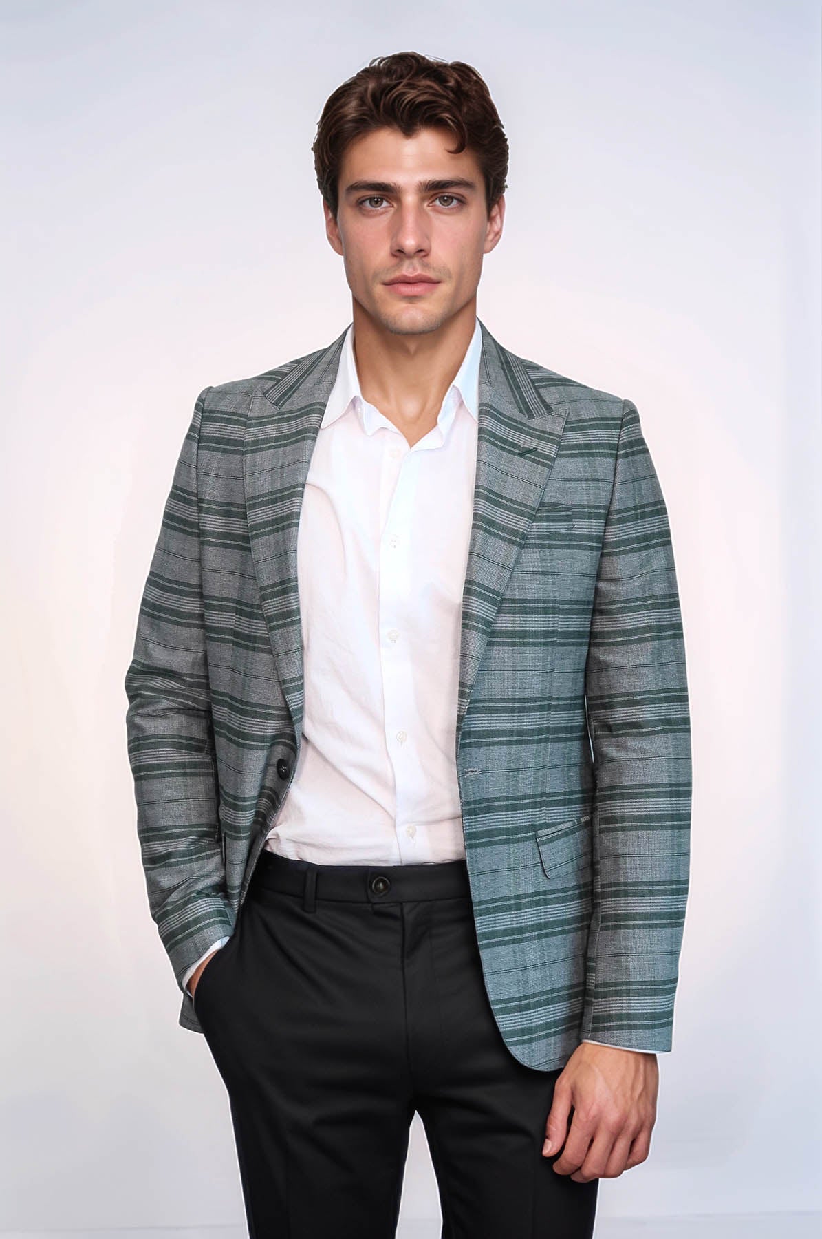 Checked Slim Fit Single Button Green Men Blazer - Wessi