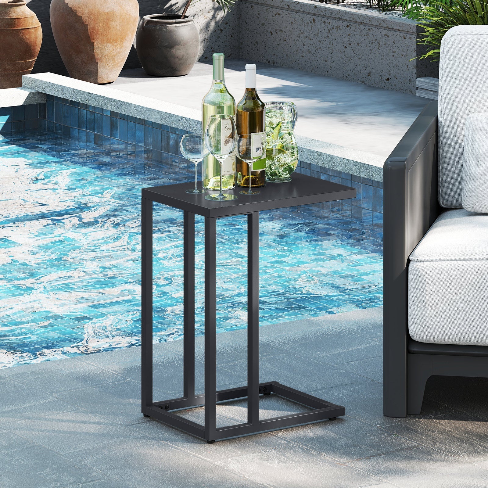 C-Shaped Side Table with Adjustable Foot Pads for Living Room Bedroom-Dark Gray