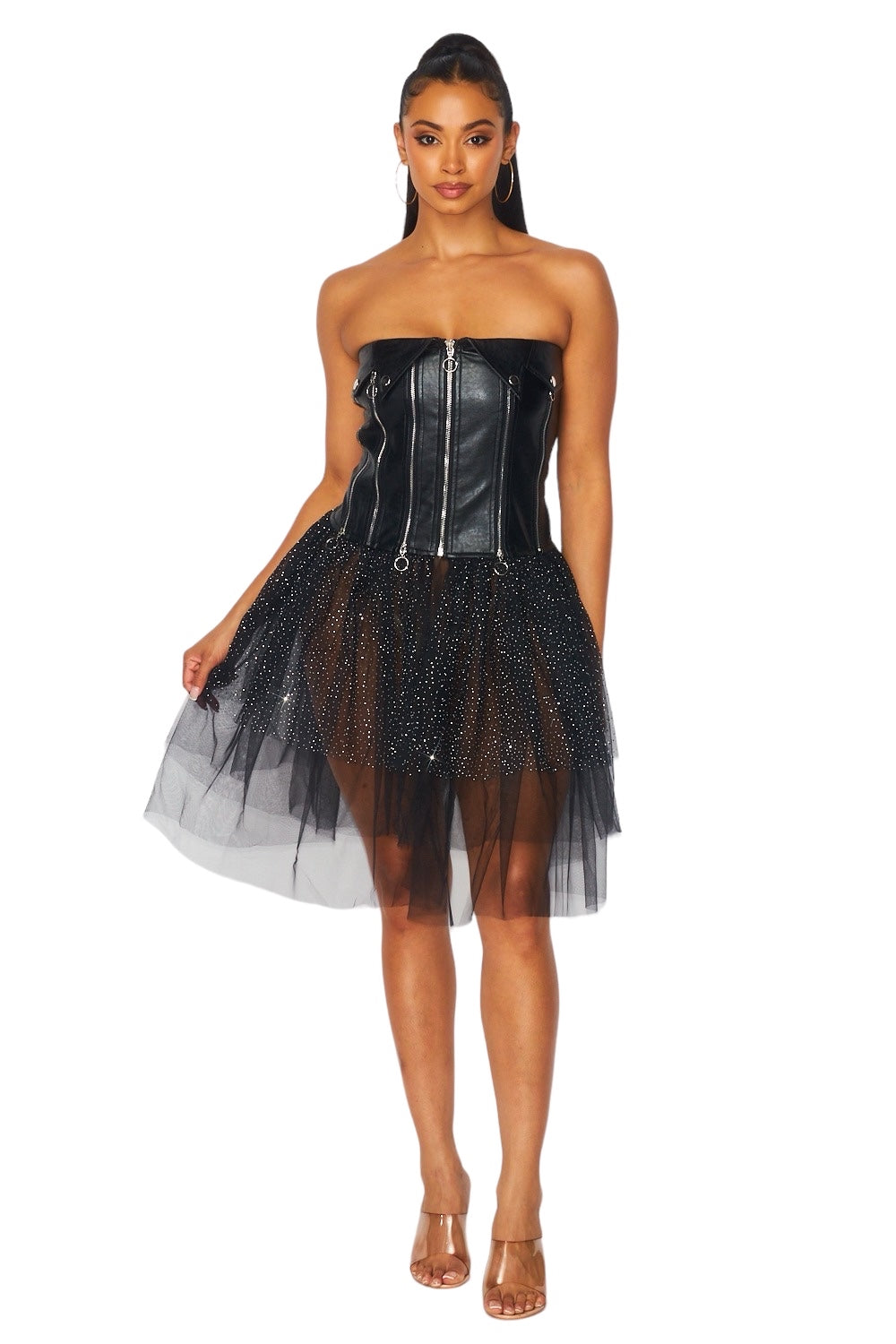 Vegan Leather Zipper Tulle Tube Dress