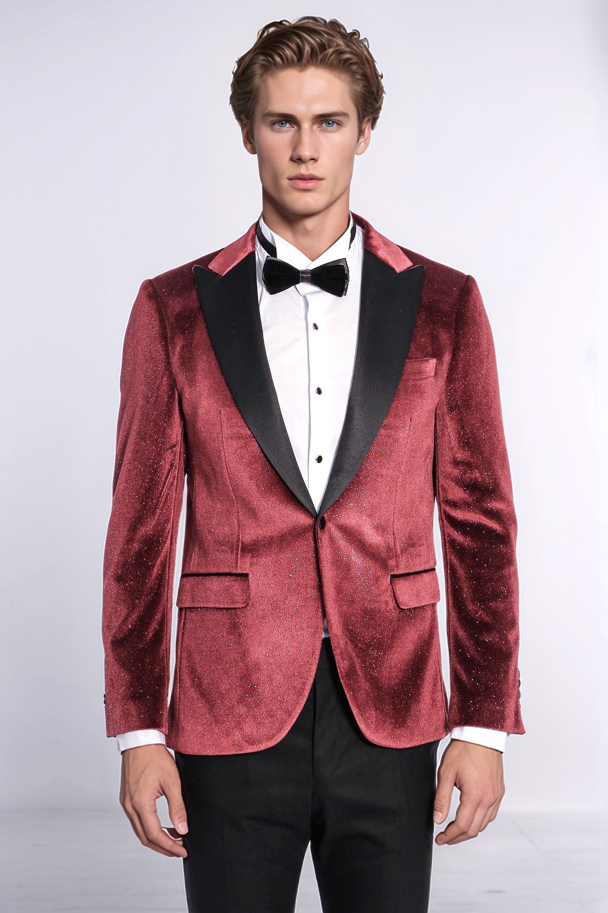 Slim Fit Velvet Burgundy Men Sparkle Tuxedo Jacket - Wessi