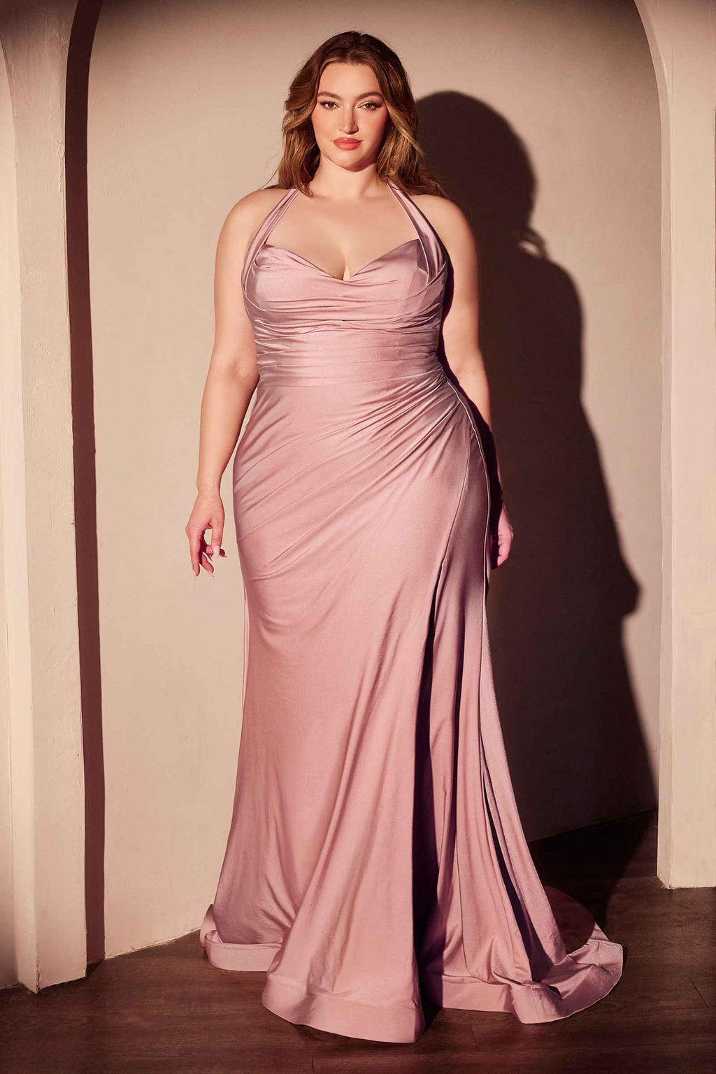 Ladivine CD796C Dress Stretch Satin Halter Fitted Curve Gown
