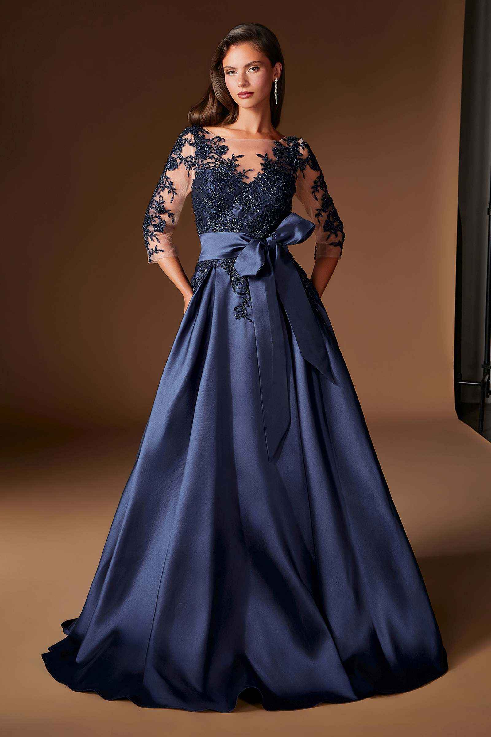 Ladivine CDS569 Three Quarter Sleeve Mikado Skirt A-Line Gown