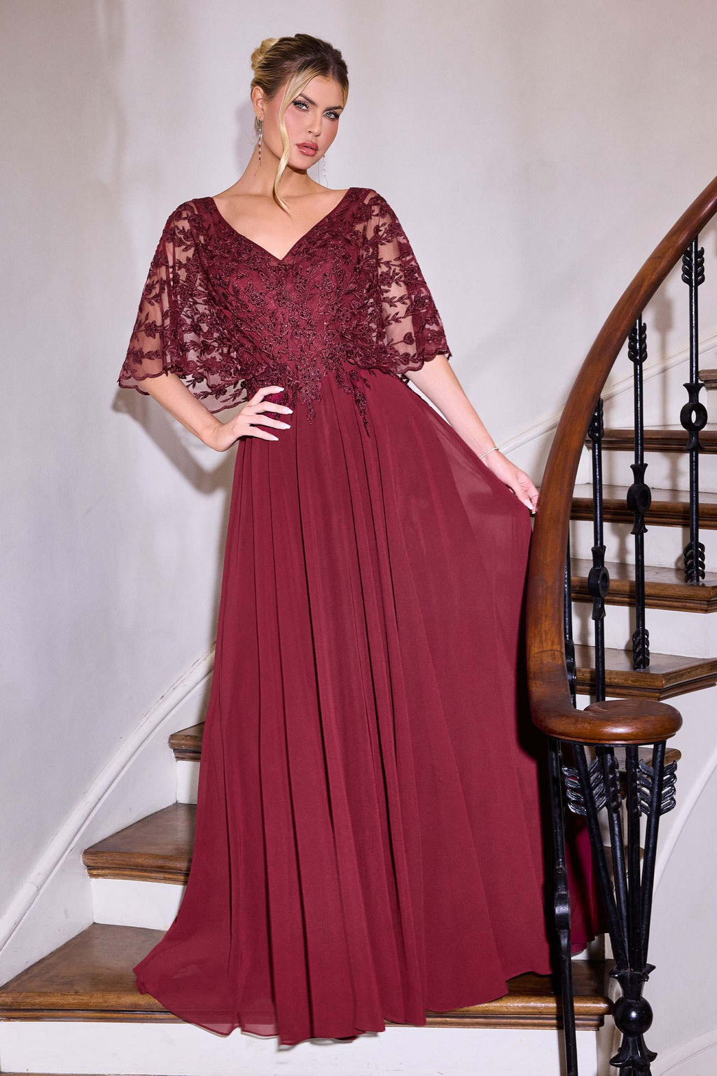Ladivine CL10 Mother of the Bride V-Neckline Lace Bodice A-Line Gown