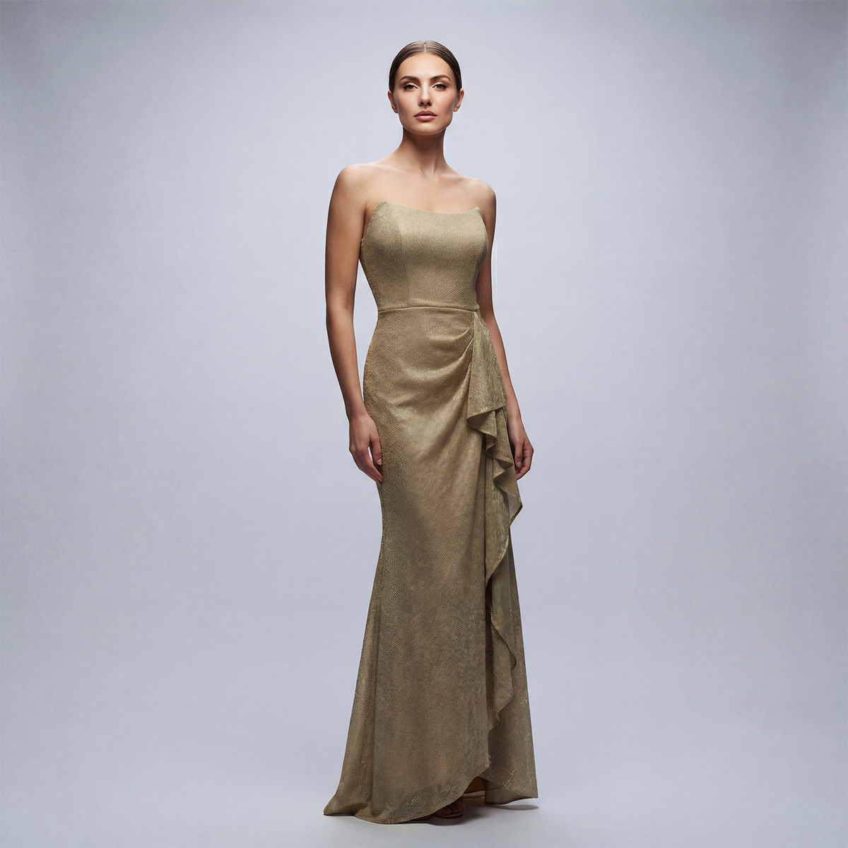 Strapples Draped Ruffle Gown